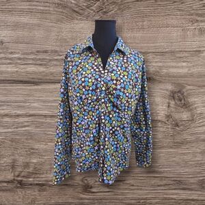 Angel Ranch Floral Women's Blouse in Blue and Brown With Unique Snaps Size XL